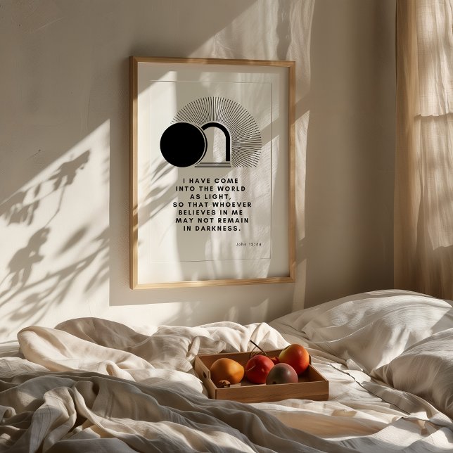 John 12 46 I Am the Light Print (Minimalist Psalm John 12:46 wall art in a neutral modern room with wooden furniture and soft light.)