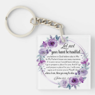 John 14:1-3 Bible Verse Purple Floral Key Ring