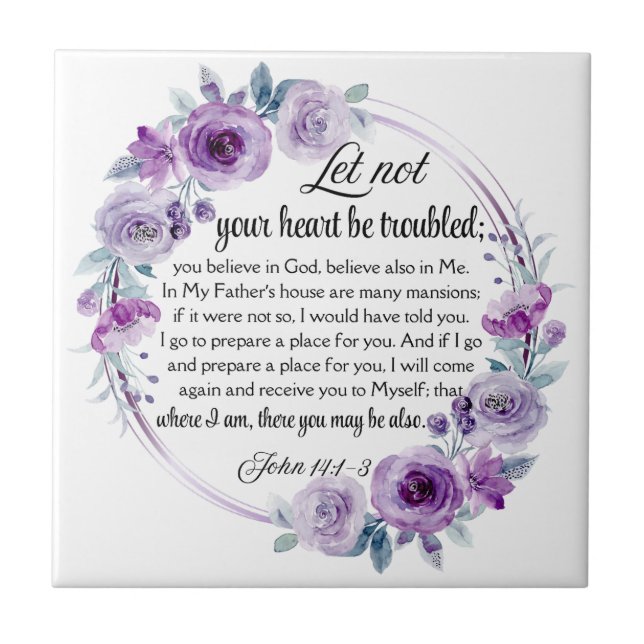 John 14:1-3 Bible Verse Purple Floral Tile (Front)