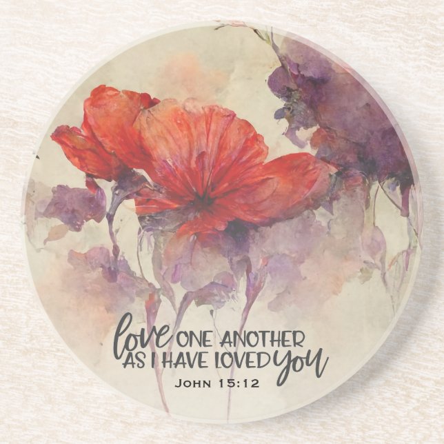 John 15:12 Love One Another Bible Verse Red Floral Coaster (Front)