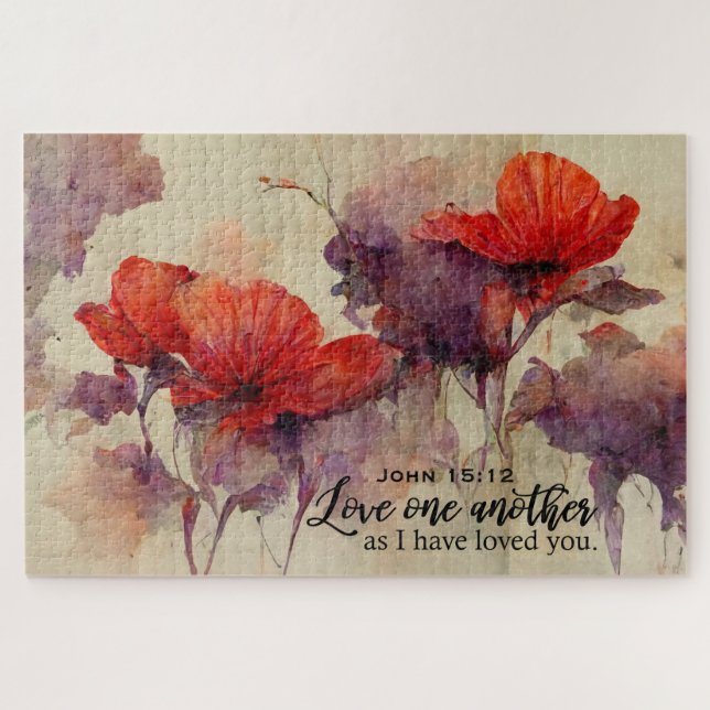 John 15:12 Love One Another Bible Verse Red Floral Jigsaw Puzzle (Horizontal)