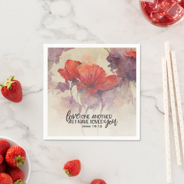 John 15:12 Love One Another Bible Verse Red Floral Napkin (Insitu)