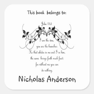 John 15:5 Bible Scripture Verse Bookplate art Square Sticker