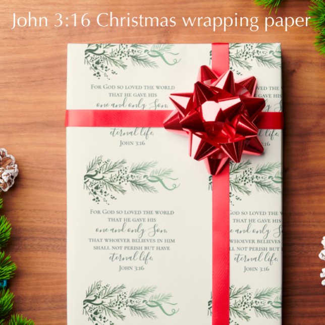 John 3:16 Bible Verse Custom Modern Christmas  Wrapping Paper (John 3:16 elegant pine art Christmas wrapping paper. Christian scripture Christmas gift wrap.)