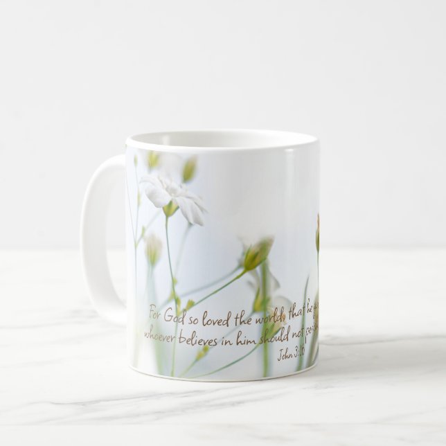 John 3:16 Bible Verse White Floral Beauty Coffee Mug (Front Left)