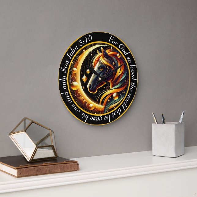 John 3:16 Christian Black And White Horse Head Large Clock (Office)