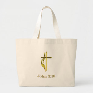 John 3:16 Christian Gold Cross gifts Large Tote Bag