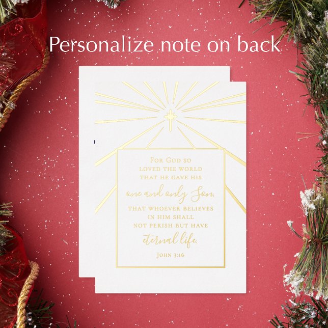 John 3:16 Custom Religious Church Christmas Gold   (Personalize this beautiful golden script 50th foil Christmas holiday card. John 3:16 scripture card.)