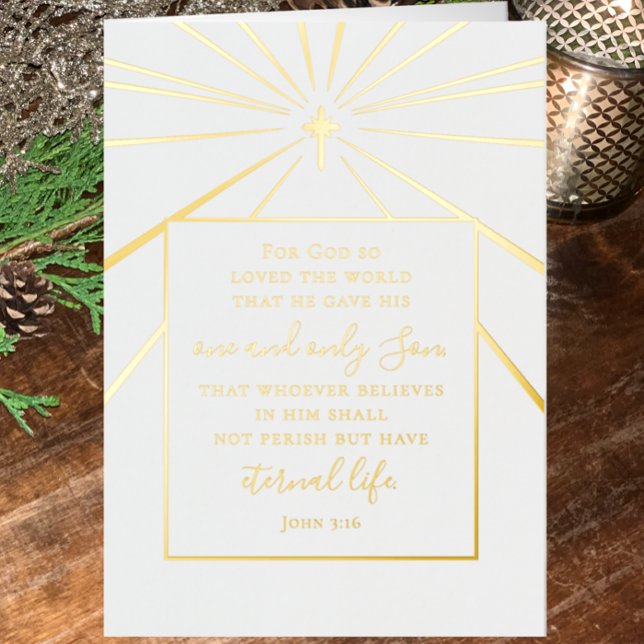 John 3:16 Custom Religious Church Christmas Gold   Foil Greeting Card (Gold foil elegant John 3:16 Bible verse Christmas cards. Personalize inside with custom text. 

)