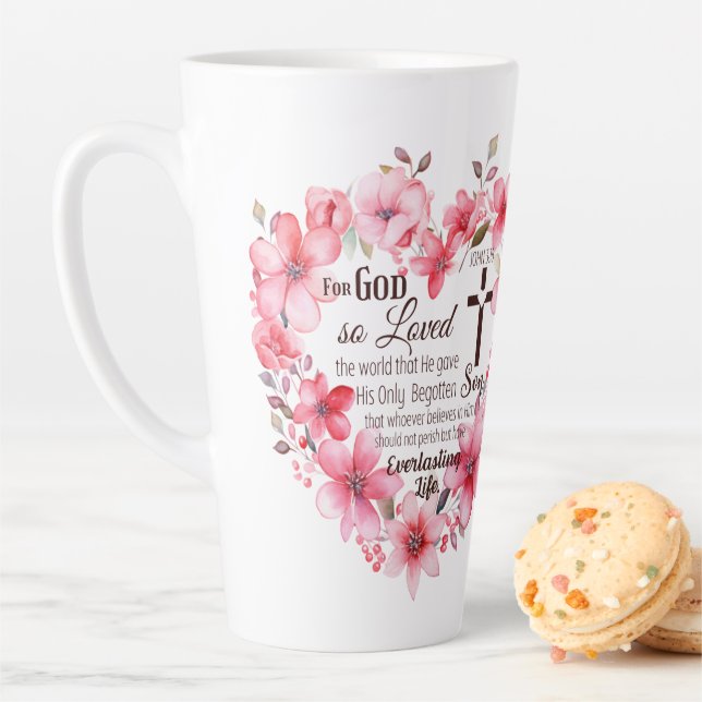John 3:16 Floral Heart Bible Verse Latte Mug (In Situ)