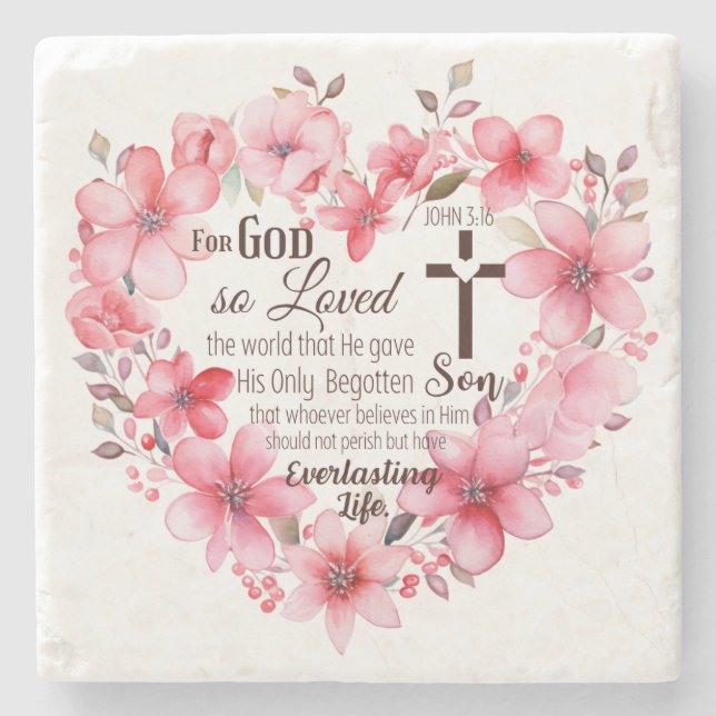 John 3:16 Floral Heart Bible Verse Stone Coaster (Front)