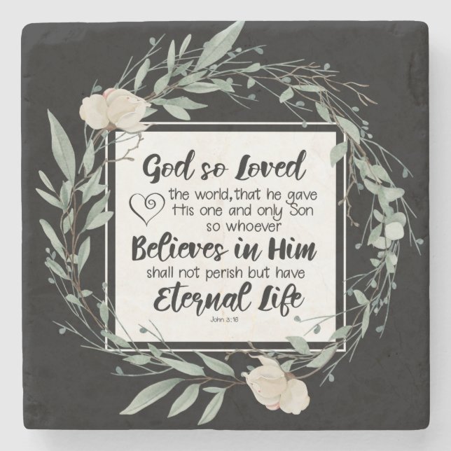 John 3:16 God so Loved the World Bible Verse Stone Coaster (Front)