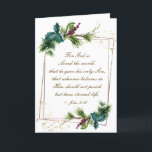 John 3:16 God so Loved the World Christmas Holiday Card<br><div class="desc">Inspirational scripture Christmas card depicts simple watercolor evergreen branches on a gold geometric frame adorned with holly leaves, red berries and gold splashes. It features Bible Verse John 3:16, "For God so Loved the world, that he gave his only Son, that whoever believes in Him should not perish but have...</div>