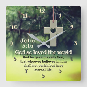 John 3:16 God so loved the world he gave his Son, Square Wall Clock