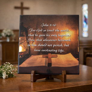 John 3:16 God so loved the world, lantern Tile