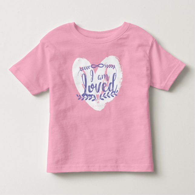 John 3:16 I am Loved White on Girls Pink Shirt (Front)