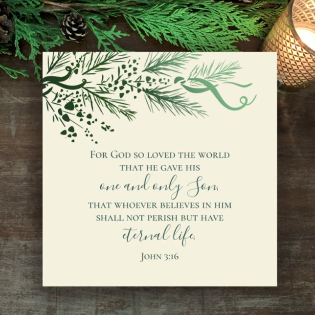 John 3:16 Personalised Christian Modern Christmas Holiday Card (John 3:16 elegant hand drawn pine greenery Christmas holiday greeting card. Personalize back script.)