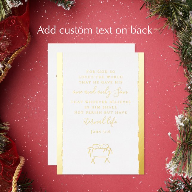 John 3:16 Personalized Christmas Nativity Gold (Personalize the back of this John 3:16 gold foil Christmas card. Original nativity religious holiday)