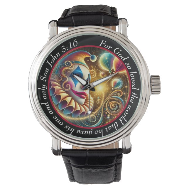 John 3:16 verse Clown Timepiece Joyful Faith Watch (Front)