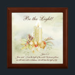 John 8:12 Jesus said, I am the Light of the World Gift Box<br><div class="desc">Beautiful inspirational quote Christmas wooden gift box depicts the heading "Be the Light!" with a watercolor candle design of holly leaves, red berries, a pinecone and pretty ivory bow. It features Bible Verse John 8:12, in the words of Jesus, “I am the light of the world. Whoever follows me will...</div>