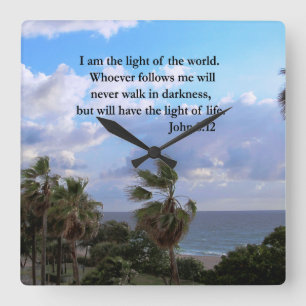 JOHN 8:12 PALM TREE AND OCEAN PHOTO  DESIGN SQUARE WALL CLOCK