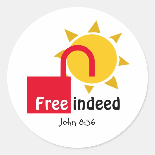 John 8:36 FREE INDEED Customisable Christian RED Classic Round Sticker (Front)