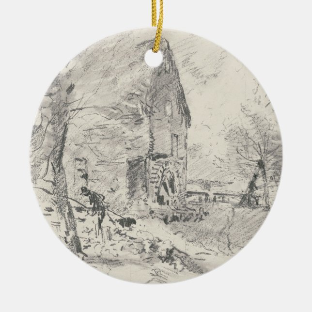 John Constable | Watermill at Newbury (pencil) Ceramic Tree Decoration (Front)