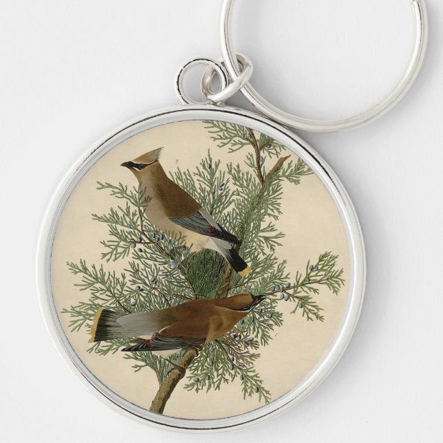 John James Audubon Cedar Waxwing Bird Print Key Ring (Front)