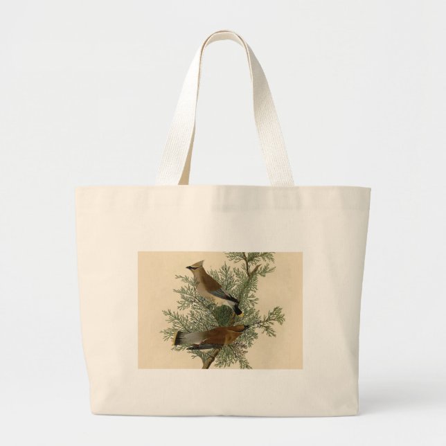 John James Audubon Cedar Waxwing Bird Print Large Tote Bag (Front)