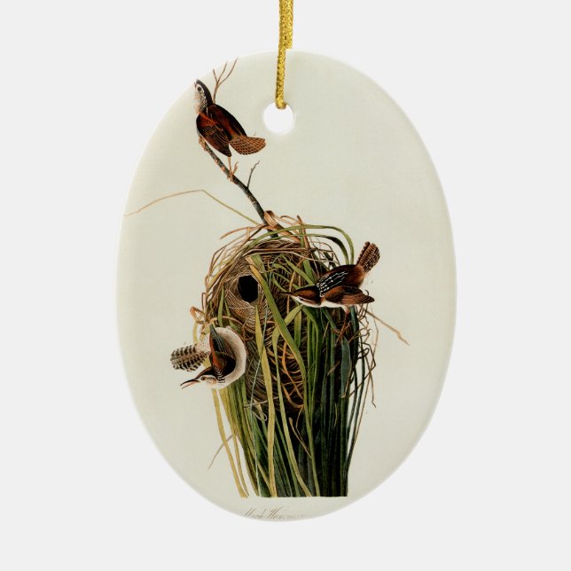 John James Audubon Marsh Wren Bird Print Ceramic Tree Decoration (Front)