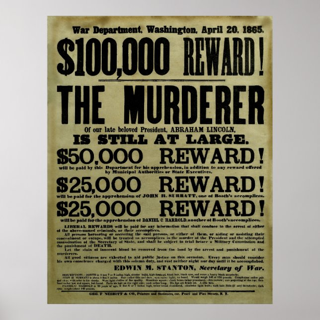 John Wilkes Booth Wanted Poster (Front)