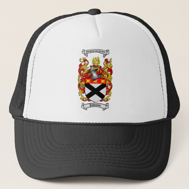JOHNSTON FAMILY CREST -  JOHNSTON COAT OF ARMS TRUCKER HAT (Front)