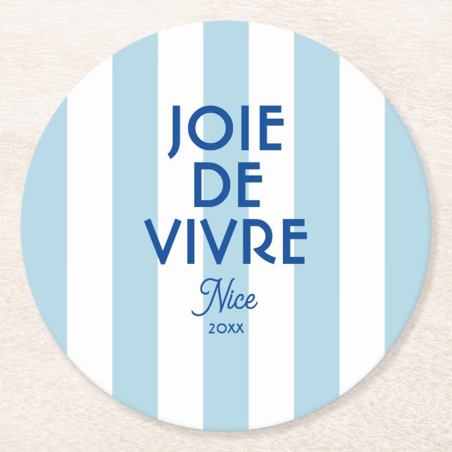 Joie De Vivre Nice Blue Cabana Stripe French Round Paper Coaster (Front)
