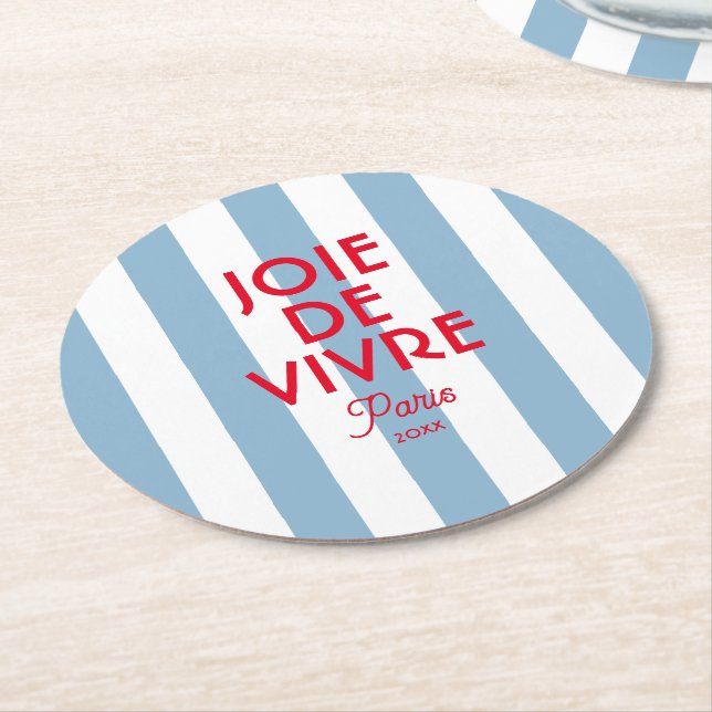 Joie De Vivre Paris French Blue Cabana Stripe  Round Paper Coaster (Angled)