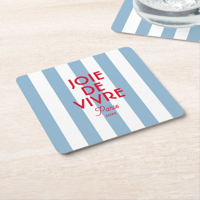 Joie De Vivre Paris French Blue Cabana Stripe  Square Paper Coaster (Angled)