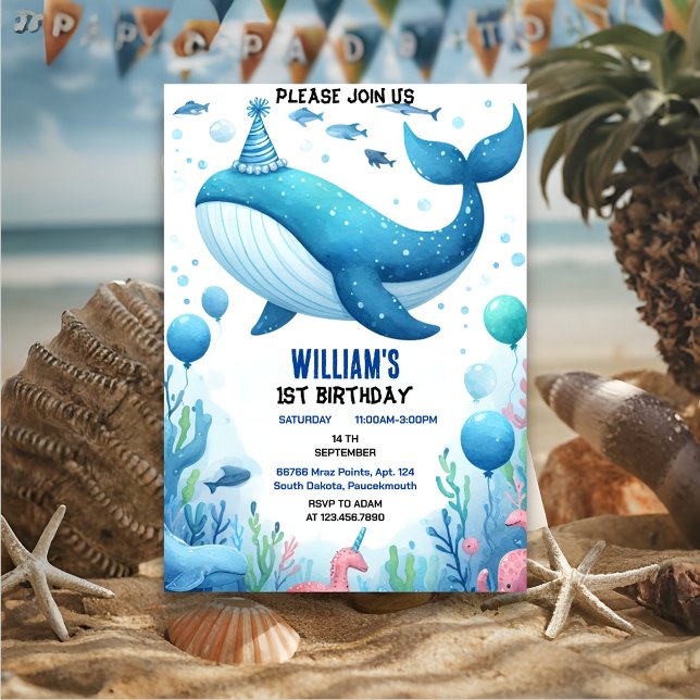 Join cool fish sea blue whale shark 1st Birthday Invitation (Creator Uploaded)