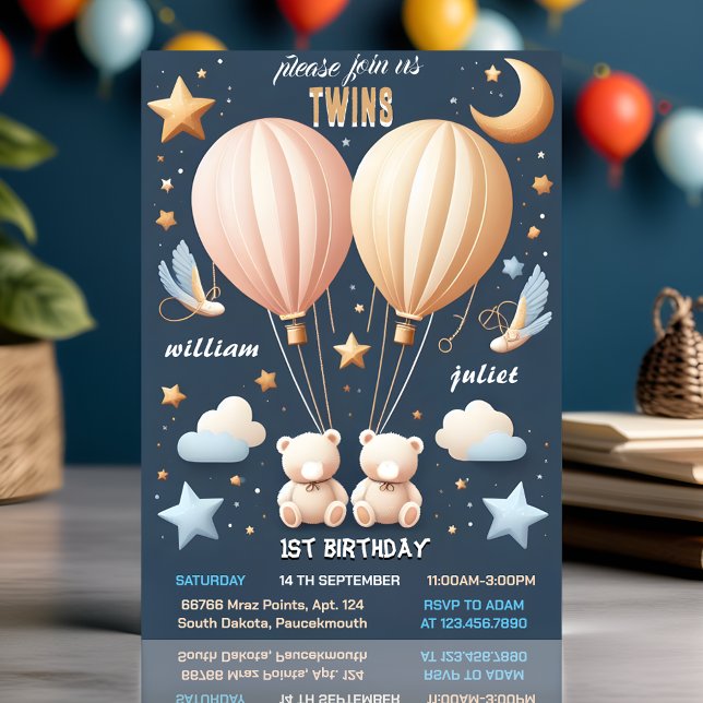 Join joint bear Hot Air Balloon Twins 1st Birthday Invitation (Creator Uploaded)