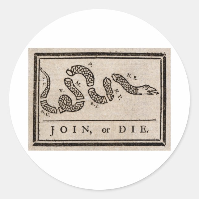 Join or Die Political Cartoon by Benjamin Franklin Classic Round Sticker (Front)
