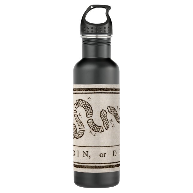 Join or Die Rattlesnake: Cartoon Benjamin Franklin 710 Ml Water Bottle (Front)