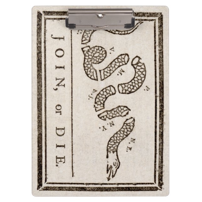 Join or Die Rattlesnake: Cartoon Benjamin Franklin Clipboard (Front)