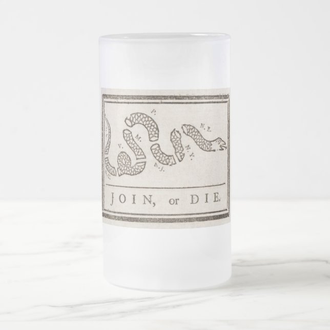 Join or Die Rattlesnake: Cartoon Benjamin Franklin Frosted Glass Beer Mug (Center)