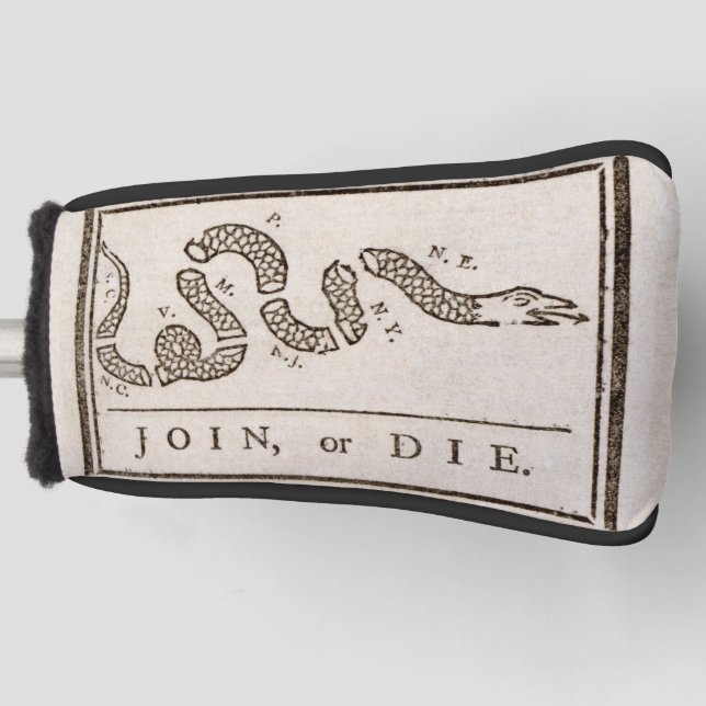 Join or Die Rattlesnake: Cartoon Benjamin Franklin Golf Head Cover (Front)