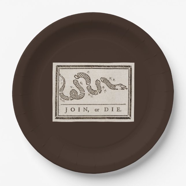 Join or Die Rattlesnake: Cartoon Benjamin Franklin Paper Plate (Front)