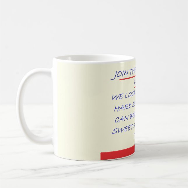 JOIN THE CLUB FUN MESSAGE BLUE AND RED COFFEE MUG (Left)
