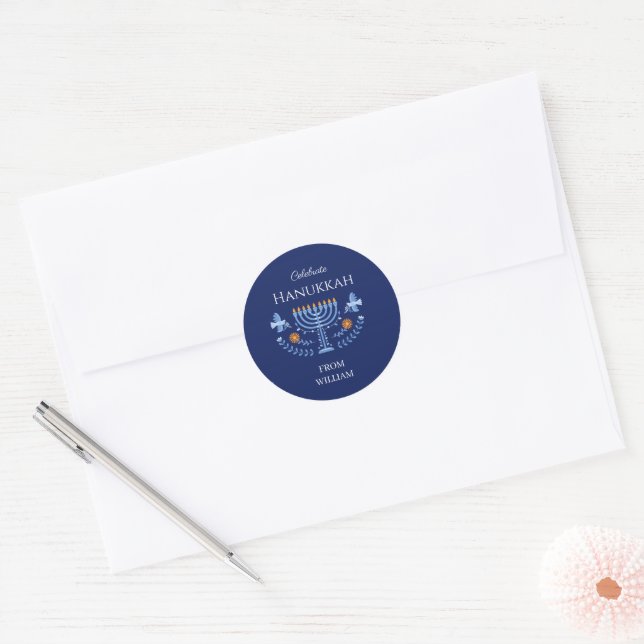 Join Us for a Joyous Hanukkah Celebration!" Classic Round Sticker (Envelope)
