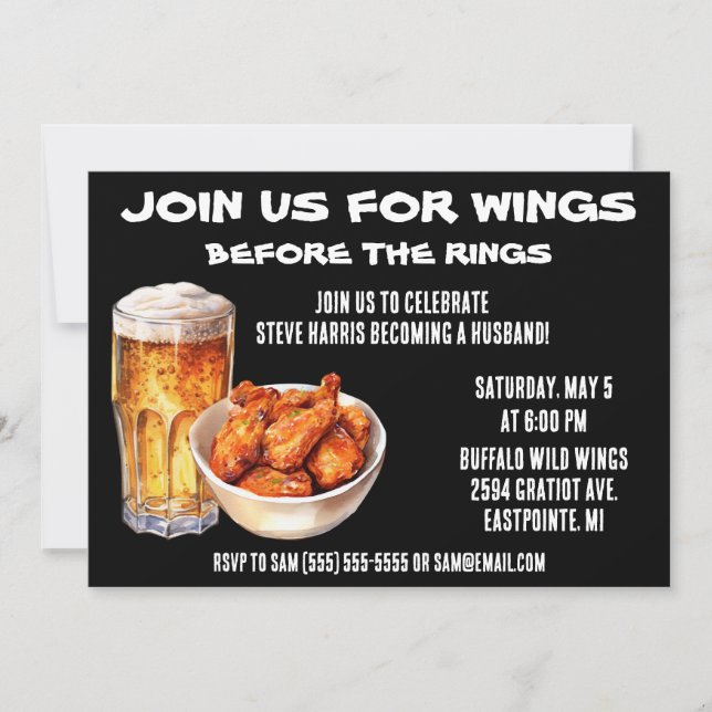 Join us for Wings Before the Rings! Bachelor Party Invitation (Front)