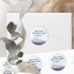 Join us in the Mountains Lavender Valley Wedding Classic Round Sticker<br><div class="desc">Join us in the Mountains, personalised wedding invitation envelope seals, perfect for a mountain wedding resort or destination wedding in scenic countryside. The design features modern typography and an idyllic watercolor landscape. The dreamy mountain ridge scene depicts mountains, green hills and a peaceful country valley meadow with swathes of lavender,...</div>