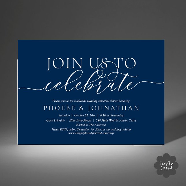 Join Us To Celebrate, Wedding Rehearsal Dinner Invitation (Join Us To Celebrate, Wedding Rehearsal Dinner Invitation card in navy blue)