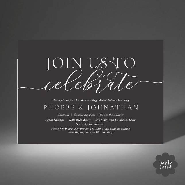 Join Us To Celebrate, Wedding Rehearsal Dinner Invitation (Join Us To Celebrate, Modern Classy Wedding Rehearsal Dinner Invitation card in charcoal grey)