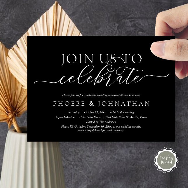 Join Us To Celebrate, Wedding Rehearsal Dinner Invitation (Join Us To Celebrate, Romantic Wedding Rehearsal Dinner Invitation Card, PDF, in Classy Black)